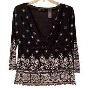 Axcess Liz Claiborne Blouse Black White Circular Design V Neck 3/4 Sleeve WM L
